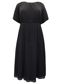 BLACK Textured Puff Sleeve Tie Back Smock Dress - Plus Size 14 to 26
