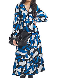 BLUE Graphic Print Balloon Sleeve Midi Smock Dress - Plus Size 24 to 28