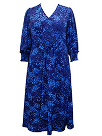 BLUE Printed Tie Front Shirred Detail Midi Dress - Plus Size 18 to 26