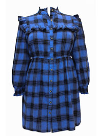 BLUE Check Button Through Shirt Dress With Frills - Plus Size 12 to 22