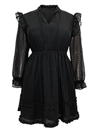 BLACK Tie Neck Dobby Dress With Frills - Plus Size 18 to 24