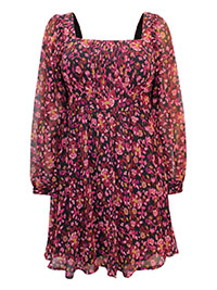 BLACK Floral Print Pleat Front Skater Dress - Plus Size 14 to 20