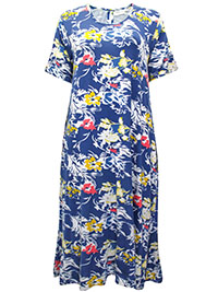 BLUE Floral Print Short Sleeve Jersey Midi Dress - Size 10/12 (S/M)