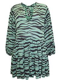 GREEN Zebra Print Tie Neck Tiered Smock Dress - Size 10 to 12 (AUS 8 to 10)
