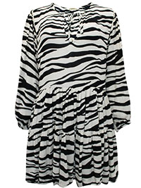 IVORY Zebra Print Tie Neck Tiered Smock Dress - Size 10 to 16 (AUS 8 to 14)