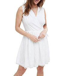 WHITE Sleeveless Lattice Embroidered Mini Wrap Dress - Size 4 to 16