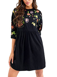 BLACK Pure Cotton 3/4 Sleeve Floral Embroidered Smock Dress - Size 4 to 14