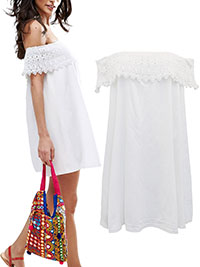 IVORY Pure Cotton Crochet Bardot Mini Dress - Size 8 to 28
