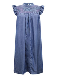 BLUE-DENIM Pure Cotton Shirred Frill Detail Denim Dress - Size 4/6 to 20/22 (US S to 2X)