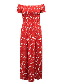 RED Shirred Floral Print Bardot Dress - Size 8 to 18