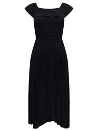BLACK Ruffle Detail Side Split Bardot Dress - Size 6 to 18