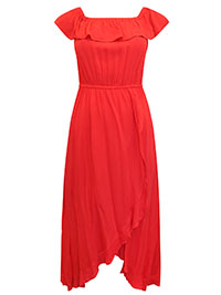 RED Ruffle Detail Side Split Bardot Dress - Size 10