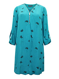 TURQUOISE Dandelion Print Zip Front Shift Dress - Size 12 to 14