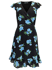 S/DAR BLACK Floral Print Ruffle Hem Wrap Dress - Size 8 to 14