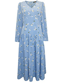 BLUE Daisy Print Asymmetric Drop Waist Midaxi Dress - Size 10 to 14