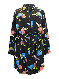 BLACK Floral Print Shirt Dress - Plus Size 32