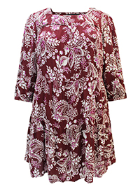 BURGUNDY Paisley Print Blouson Sleeve Dress - Plus Size 16