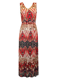 RED Sleeveless Tribal Print Side Split Dress - Size 10 to 20