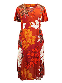 ORANGE Floral Print Button Front Dress - Plus Size 16
