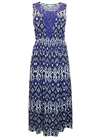BLUE Sleeveless Printed Crochet Detail Dress - Plus Size 16