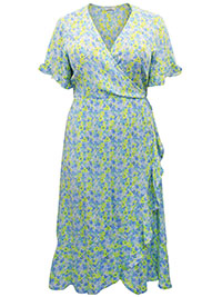 BLUE Floral Print Crinkle Wrap Midi Dress - Plus Size 16 to 26
