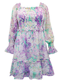 PURPLE Blurred Floral Print Shirred Long Sleeve Skater Dress - Plus Size 12 to 32