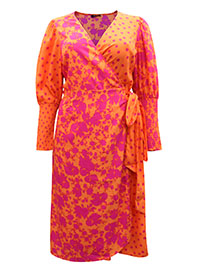 ORANGE Mixed Print Shirred Cuff Wrap Dress - Plus Size 16 to 22