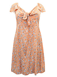 ORANGE Floral Print Crinkle Tie Front Tea Dress - Size 10 to 32