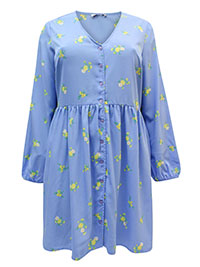 BLUE Floral Button Through Smock Dress - Plus Size 18 to 22