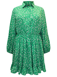GREEN Floral Print Frill Hem Shirt Dress - Plus Size 18 to 32