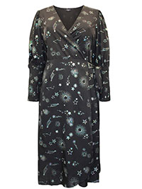 BLACK Foil Cosmic Print Shirred Cuff Wrap Midi Dress - Plus Size 16 to 28