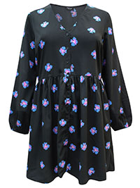 BLACK Floral Button Through Smock Dress With Pockets - Plus Size 12 to 32