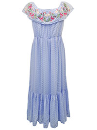 BLUE Embroidered Tiered Bardot Maxi Dress - Plus Size 20 to 26