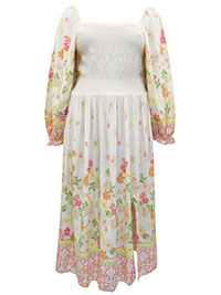 MULTI Floral Border Print Shirred Midi Dress - Plus Size 24 to 28
