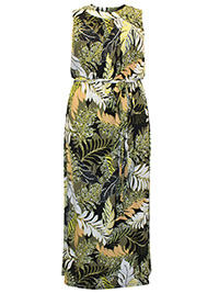 GREEN Palm Print Sleeveless Belted Dress - Plus Size 20 to 30/32