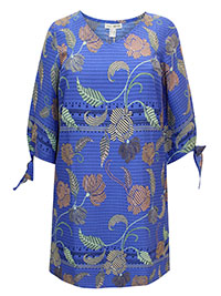 BLUE Floral Print Tie Sleeve Tunic Dress - Size 4 to 26/28