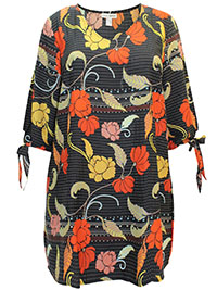 BLACK Floral Print Tie Sleeve Tunic Dress - Size 10/12 to 30/32
