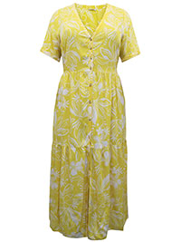YELLOW Floral Print Button Through Tiered Midi Dress - Plus Size 14 to 26