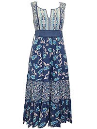 BLUE Mixed Print Sequin Embellished Tiered Maxi Dress - Size 12 to 14