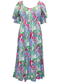 MULTI Tropical Print Puffed Frill Sleeve Crinkle Midi Dress - Size 10 to 32