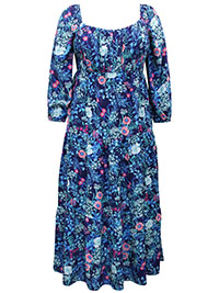BLUE Floral Print Tiered Milkmaid Dress - Plus Size 14 to 28