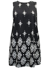 BLACK Linen Blend Sleeveless Border Print Cut Out Dress - Plus Size 12 to 30