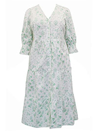 GREEN Cotton Dobby Button Through Puff Sleeve Dress - Size 10 to 28