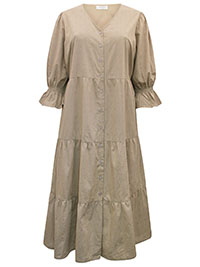 SAND Cotton Dobby Button Through Puff Sleeve Smock Dress - Plus Size 14 to 24