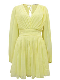 YELLOW Pleated Chiffon Long Sleeve Mini Dress - Size 10 to 12 (EU 36 to 38)