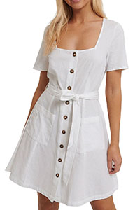 WHITE Linen Blend Square Neck Belted Dress - Plus Size 14 (EU 40)