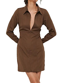 CHESTNUT Zip Front Long Sleeve Mini Dress - Size 10 to 14 (EU 36 to 40)