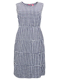 Woman Within NAVY Pure Cotton Short Check Print Tiered Dress - Plus Size 28 to 32 (US 26W to 30W)