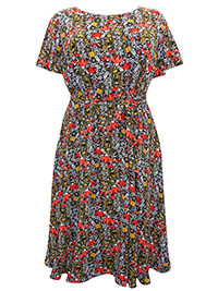 BLACK Floral Print Short Sleeve Belted Dress - Plus Size 16 to 32