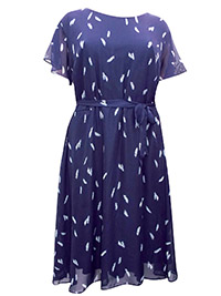 3VANS NAVY Feather Print Short Sleeve Belted Dress - Plus Size 16 to 32